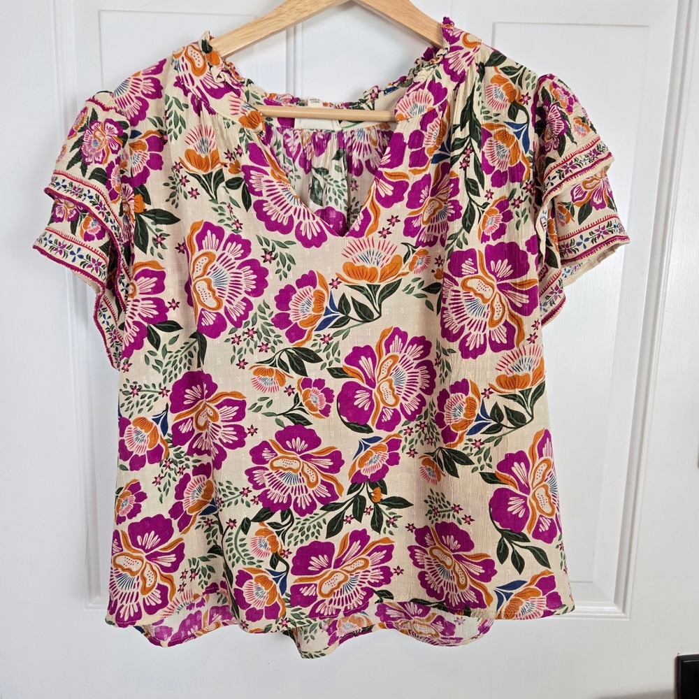 Artelier Nicole‎ Miller Cropped Top Floral Print Flutter Sleeve Sz Large Resort